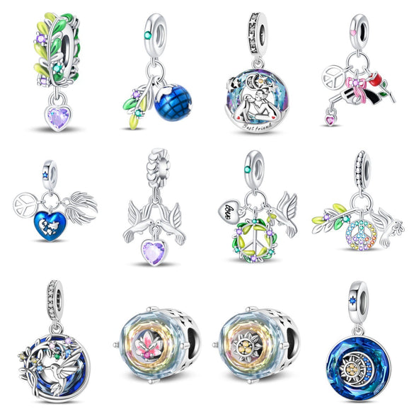Wholesale Jewelry Accessories Bracelet Copper Plated 925 Silver Life Tree Sun World Peace Pigeon Charm Beads With Dripping Oil Design