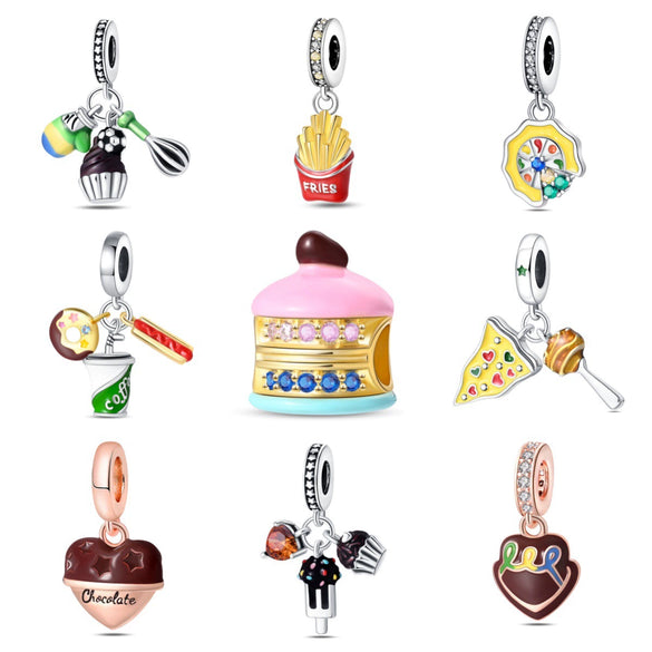 Wholesale Jewelry Accessories Bracelet Silver Plated Fruit Food Style Dripping Oil Gourmet Macaron Chips Chocolate Cake Pendant Charm Beads