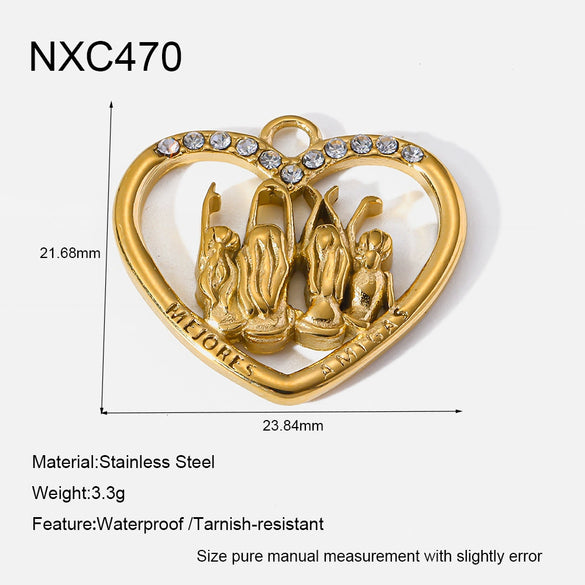 Wholesale Jewelry Accessories Heart Pendant Earring Parts 14K Gold Plated Stainless Steel Vintage Diamond Handmade For Women
