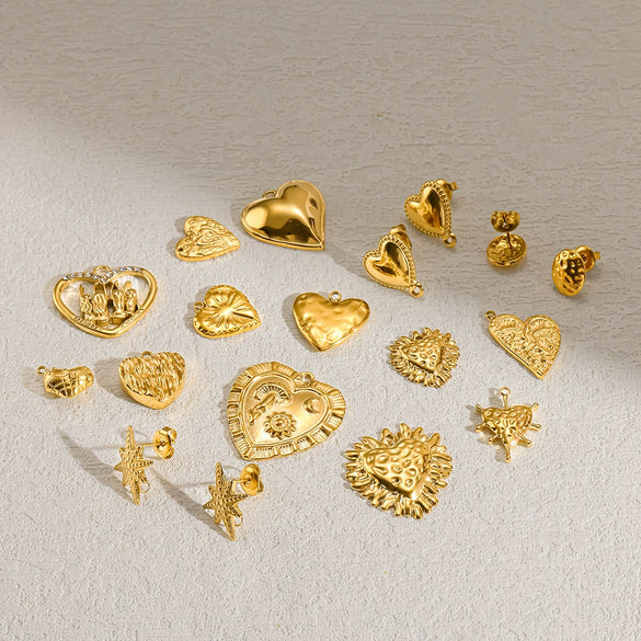 Wholesale Jewelry Accessories Heart Pendant Earring Parts 14K Gold Plated Stainless Steel Vintage Diamond Handmade For Women