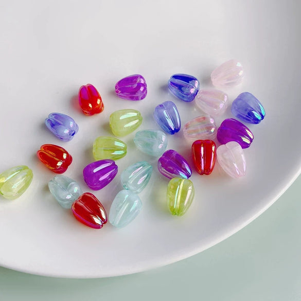 Wholesale Jewelry Accessories Plastic Resin Colorplated Translucent Halo Tulip Bud Straight Hole Beads Electroplated Handmade