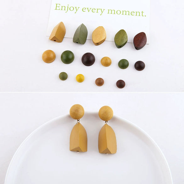 Wholesale Jewelry Accessories Solid Wood Polygon Geometric Perforated Half Pill Earrings Baking Varnish Minimalist