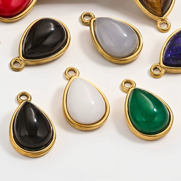 Wholesale Jewelry Accessories Stainless Steel Oval Water Drop Inlaid Natural Stone Handmade With Electroplated 18K Gold