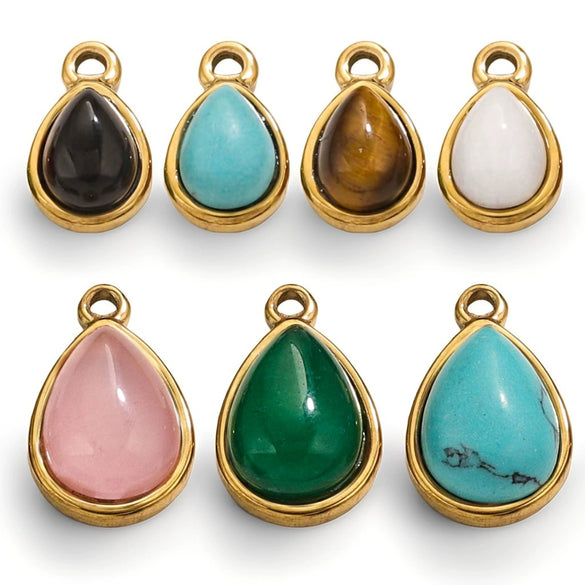Wholesale Jewelry Accessories Stainless Steel Oval Water Drop Inlaid Natural Stone Handmade With Electroplated 18K Gold
