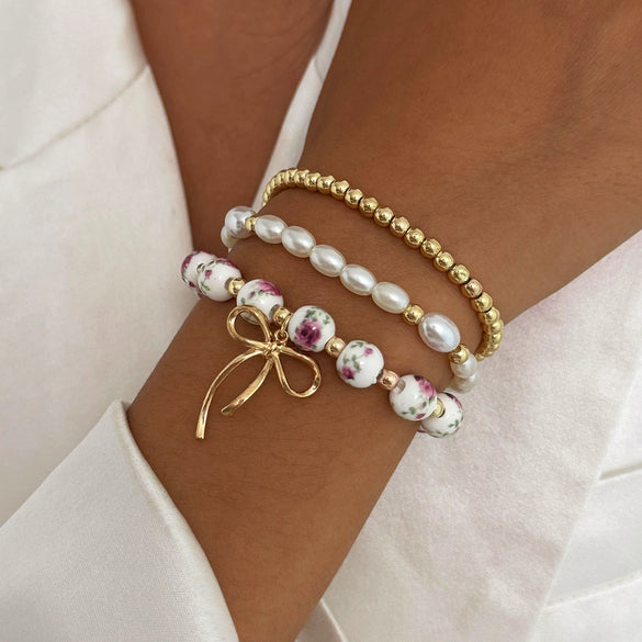 Wholesale Jewelry Alloy Beaded Stacked Bow And Star Pendant Bracelet For Women With Electroplating