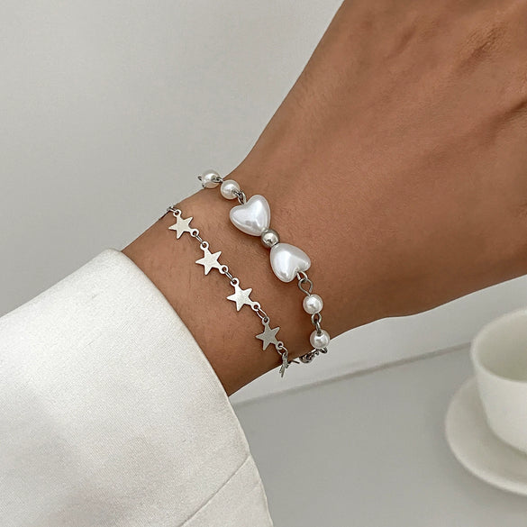 Wholesale Jewelry Alloy Beaded Stacked Bow And Star Pendant Bracelet For Women With Electroplating