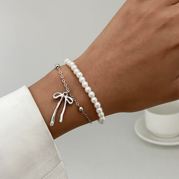 Wholesale Jewelry Alloy Beaded Stacked Bow And Star Pendant Bracelet For Women With Electroplating