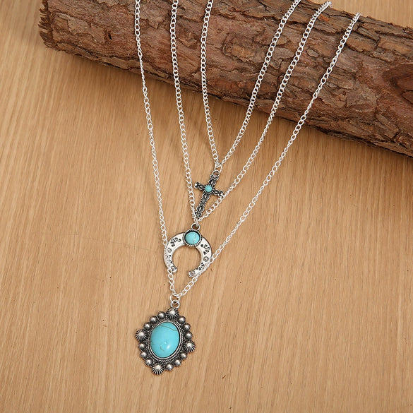 Wholesale Jewelry Alloy Bull Head Crescent Water Drop Turquoise Horn Multi Layer Necklace Geometric Style Electroplated