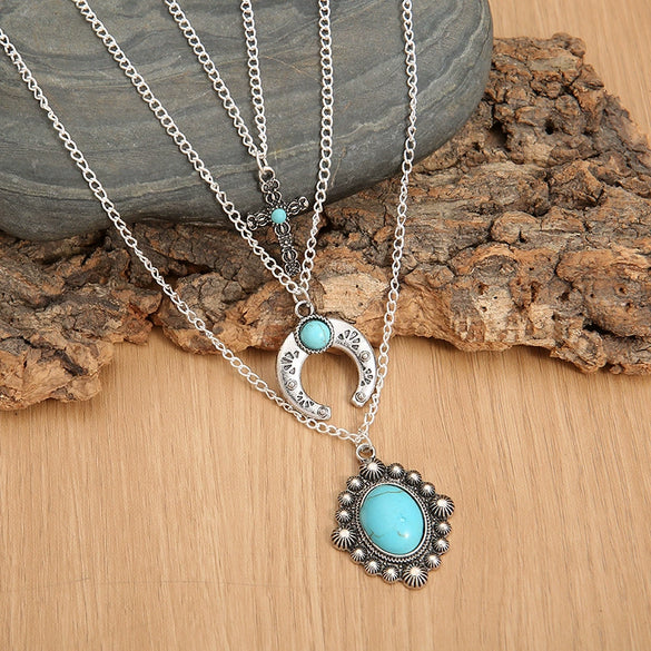 Wholesale Jewelry Alloy Bull Head Crescent Water Drop Turquoise Horn Multi Layer Necklace Geometric Style Electroplated