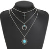 Wholesale Jewelry Alloy Bull Head Crescent Water Drop Turquoise Horn Multi Layer Necklace Geometric Style Electroplated