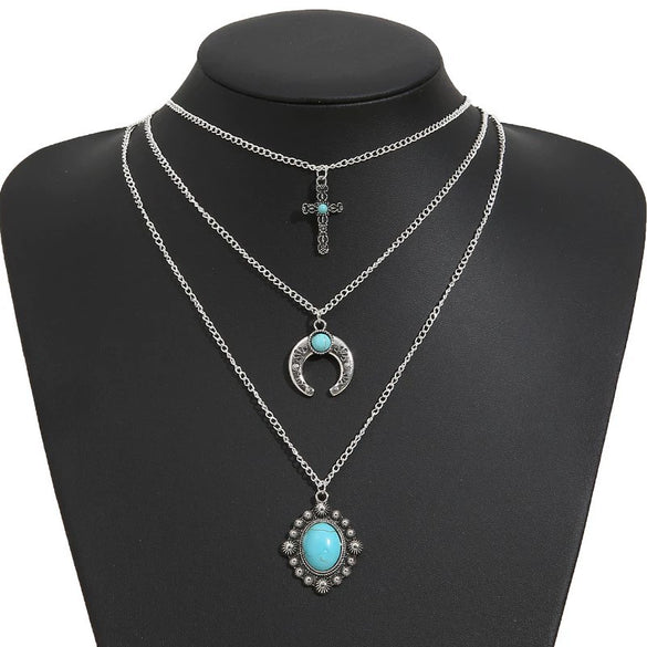 Wholesale Jewelry Alloy Bull Head Crescent Water Drop Turquoise Horn Multi Layer Necklace Geometric Style Electroplated