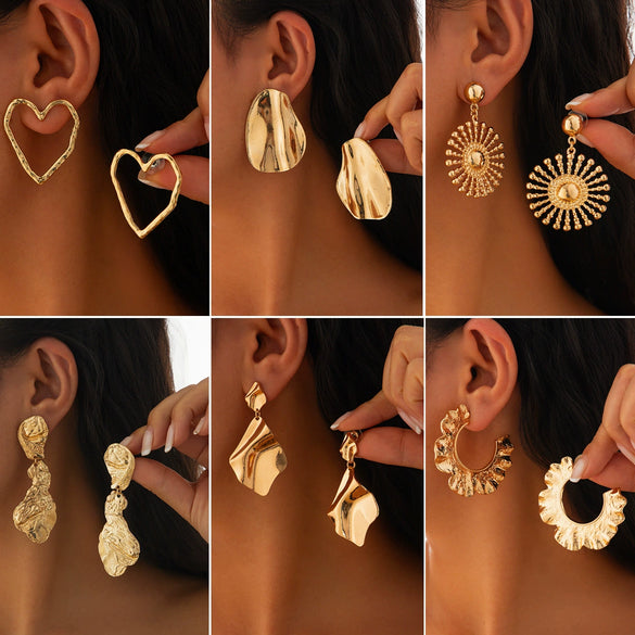 Wholesale Jewelry Alloy Exaggerated Geometric Heart Earrings With Sunflower Pattern Electroplated