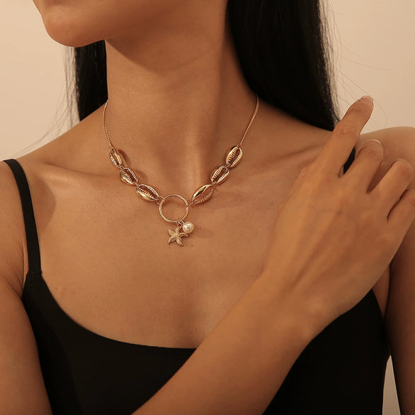 Wholesale Jewelry Alloy Geometric Conch Pendant Long Necklace For Girls