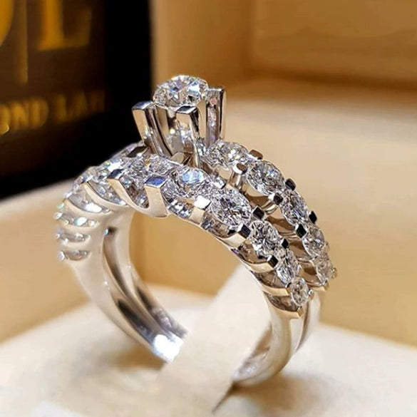Wholesale Jewelry Alloy Geometric Micro Inlaid Full Diamond Zircon Twopiece Ring Luxury Temperament Couple Style