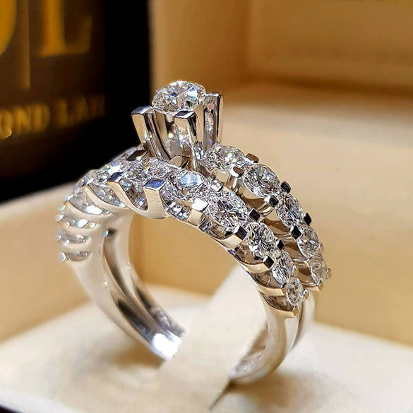 Wholesale Jewelry Alloy Geometric Micro Inlaid Full Diamond Zircon Twopiece Ring Luxury Temperament Couple Style