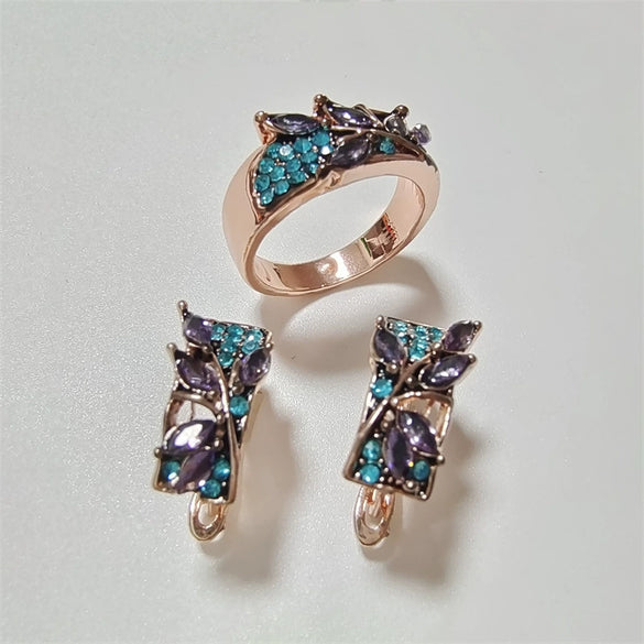 Wholesale Jewelry Alloy Green Leaf Shape Inlaid Purple Crystal Zircon Electroplating Unisex