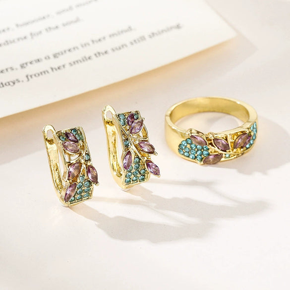 Wholesale Jewelry Alloy Green Leaf Shape Inlaid Purple Crystal Zircon Electroplating Unisex