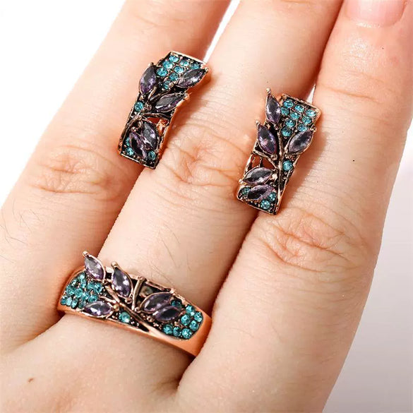 Wholesale Jewelry Alloy Green Leaf Shape Inlaid Purple Crystal Zircon Electroplating Unisex