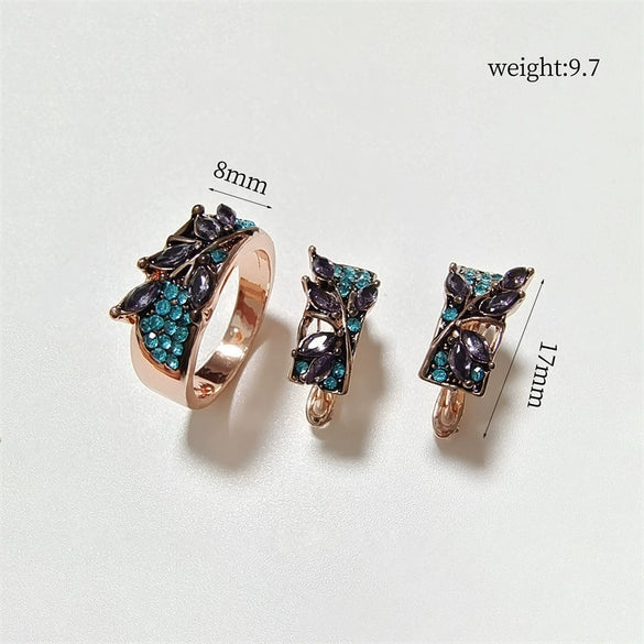 Wholesale Jewelry Alloy Green Leaf Shape Inlaid Purple Crystal Zircon Electroplating Unisex