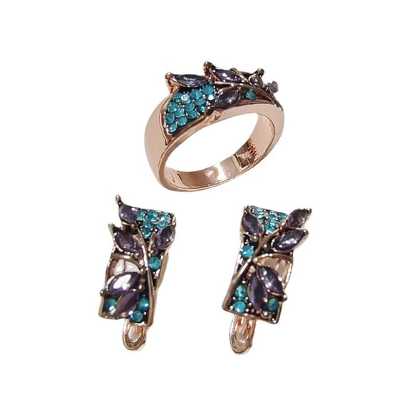 Wholesale Jewelry Alloy Green Leaf Shape Inlaid Purple Crystal Zircon Electroplating Unisex