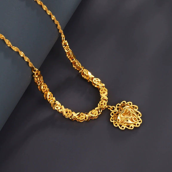 Wholesale Jewelry Alloy Heartshaped Pendant Water Wave Chain Necklace Vintage Style Electroplating For Women