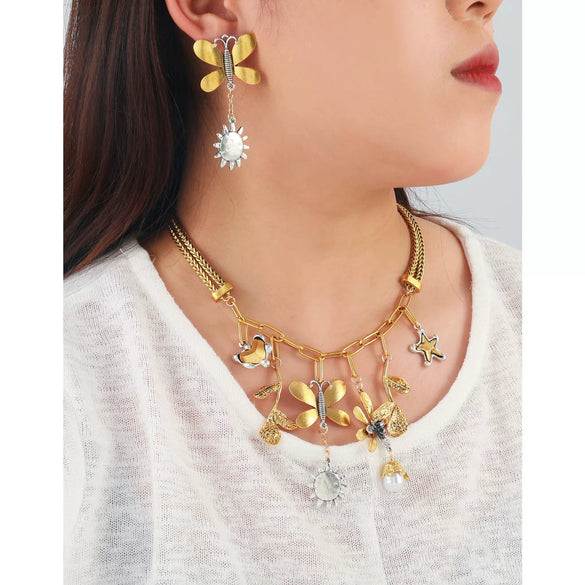 Wholesale Jewelry Alloy Inlaid With Gemstones Flowers Style Earrings And Necklace Set