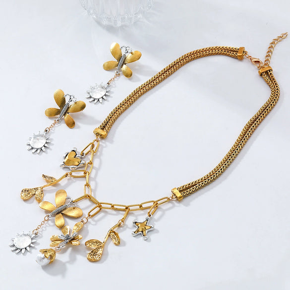 Wholesale Jewelry Alloy Inlaid With Gemstones Flowers Style Earrings And Necklace Set