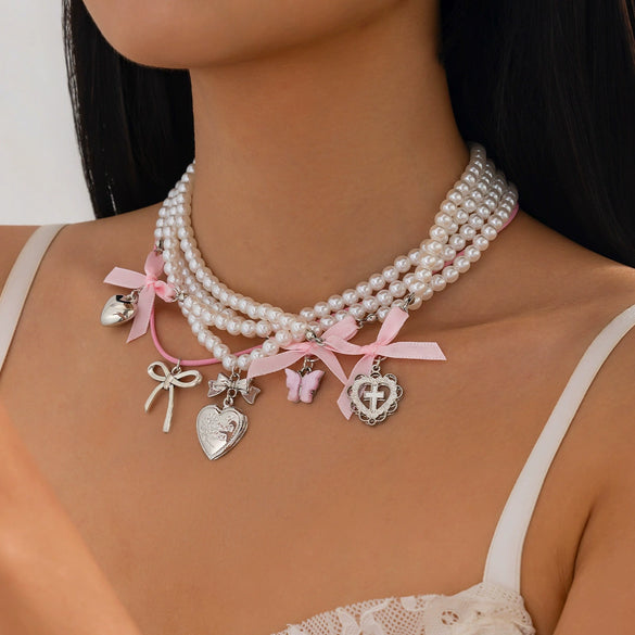 Wholesale Jewelry Alloy Pendant Necklace With Imitation Pearl Beaded Chain Electroplated Heart Shape Cute Style For Women