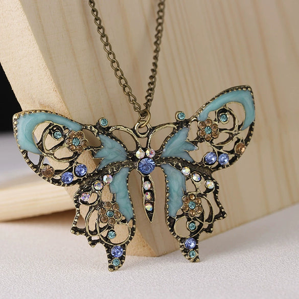 Wholesale Jewelry Alloy Retro Hollow Geometric Oil Drop Butterfly Women's Necklace With Diamond Inlay