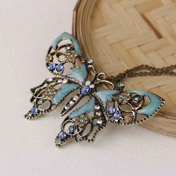 Wholesale Jewelry Alloy Retro Hollow Geometric Oil Drop Butterfly Women's Necklace With Diamond Inlay