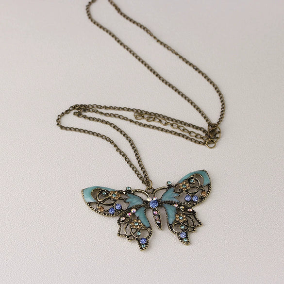 Wholesale Jewelry Alloy Retro Hollow Geometric Oil Drop Butterfly Women's Necklace With Diamond Inlay