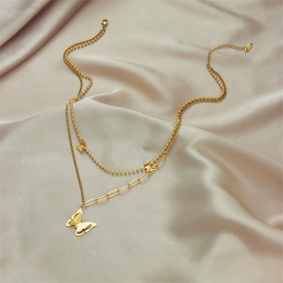 Wholesale Jewelry Animal Geometric Style Doublelayered Cold Stereo Butterfly Titanium Steel Necklace With Electroplating