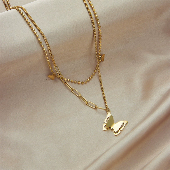 Wholesale Jewelry Animal Geometric Style Doublelayered Cold Stereo Butterfly Titanium Steel Necklace With Electroplating