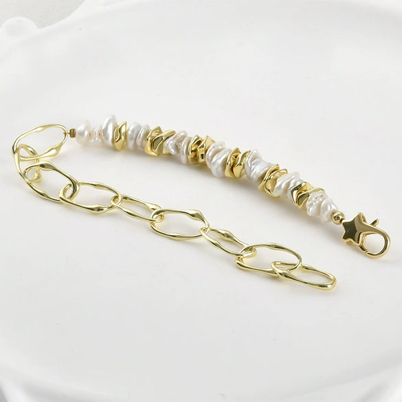 Wholesale Jewelry Asymmetrical Oval Copper Chain Electroplated Handmade Pearl Bracelet
