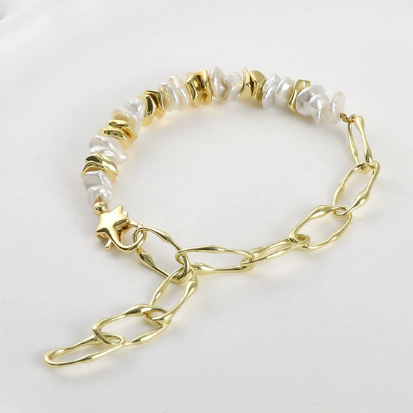 Wholesale Jewelry Asymmetrical Oval Copper Chain Electroplated Handmade Pearl Bracelet