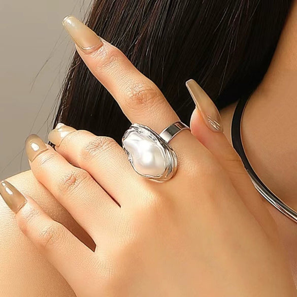 Wholesale Jewelry Baroque Alloy Inlaid Imitation Pearl Geometric Irregular Ring