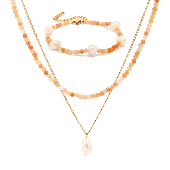Wholesale Jewelry Baroque Pendant Natural Stone Necklace And Non Fading Titanium Steel Bracelet With Geometric Design And Electroplating For Women