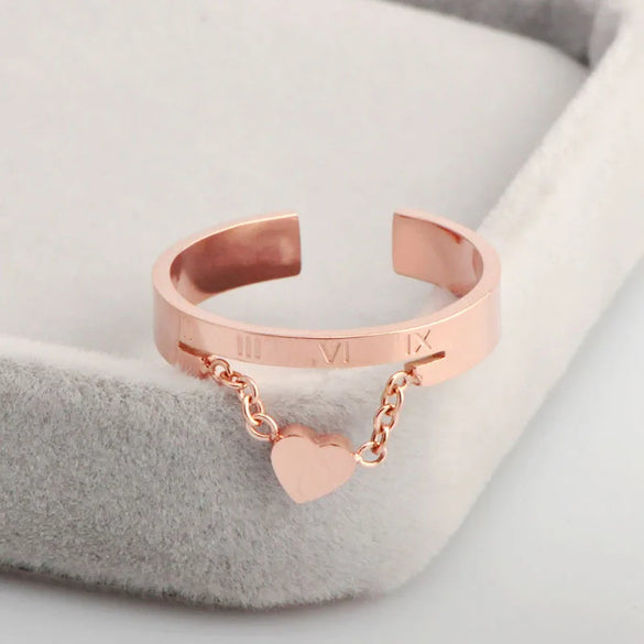 Wholesale Jewelry Basic Preppy Style Simple Style Heart Shape Roman Numeral 304 Stainless Steel Rose Gold Plated Charm Rings Open Rings
