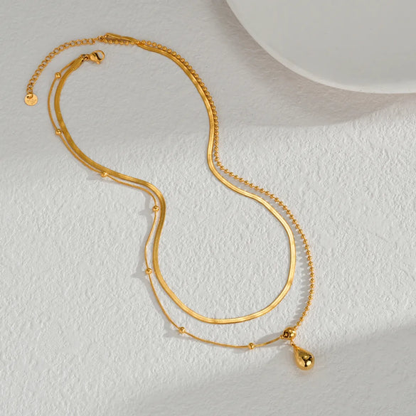Wholesale Jewelry Basic Water Droplets 304 Stainless Steel 18K Gold Plated Double Layer Necklaces