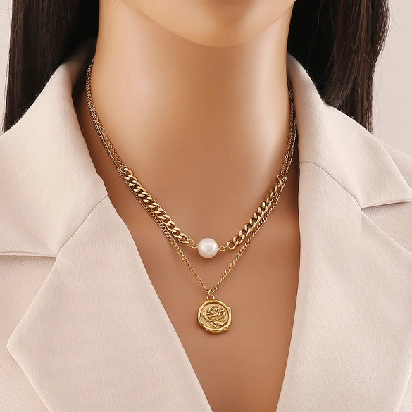 Wholesale Jewelry Beach Commute Starfish Flower 304 Stainless Steel Pearl 18K Gold Plated Plating Inlay Double Layer Necklaces