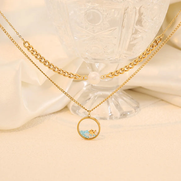 Wholesale Jewelry Beach Commute Starfish Flower 304 Stainless Steel Pearl 18K Gold Plated Plating Inlay Double Layer Necklaces