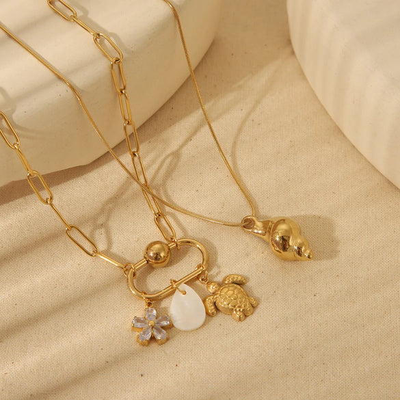 Wholesale Jewelry Beach Commute Turtle Flower Snail 304 Stainless Steel 18K Gold Plated Pendant Necklace
