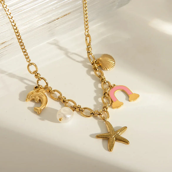 Wholesale Jewelry Beach Sweet Starfish Butterfly Shell 304 Stainless Steel Imitation Pearl Natural Stone 18K Gold Plated Enamel Multi Charms Necklace Cuban Link Chain Curb Chain Cable Chain