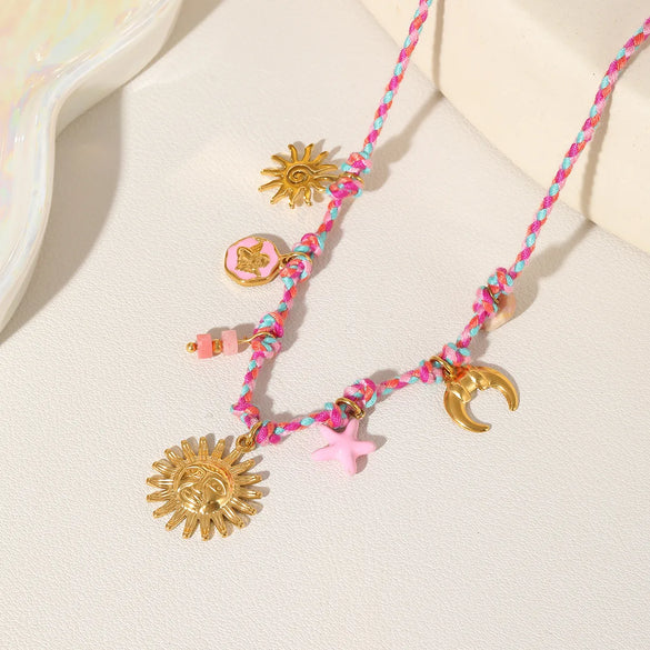 Wholesale Jewelry Beach Sweet Sun 304 Stainless Steel Natural Stone Polyester 18K Gold Plated Asymmetrical Enamel Twisted Rope Chain Pendant Necklace Necklace