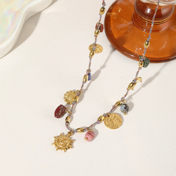 Wholesale Jewelry Beach Sweet Sun 304 Stainless Steel Natural Stone Polyester Natural Stone 18K Gold Plated Asymmetrical Twisted Rope Chain Pendant Necklace Necklace