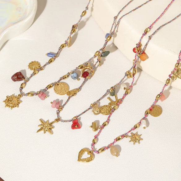 Wholesale Jewelry Beach Sweet Sun 304 Stainless Steel Natural Stone Polyester Natural Stone 18K Gold Plated Asymmetrical Twisted Rope Chain Pendant Necklace Necklace