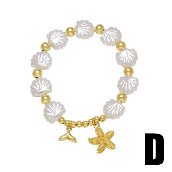 Wholesale Jewelry Beaded Shell Starfish Ocean Style Copper Goldplated Geometric Bracelet