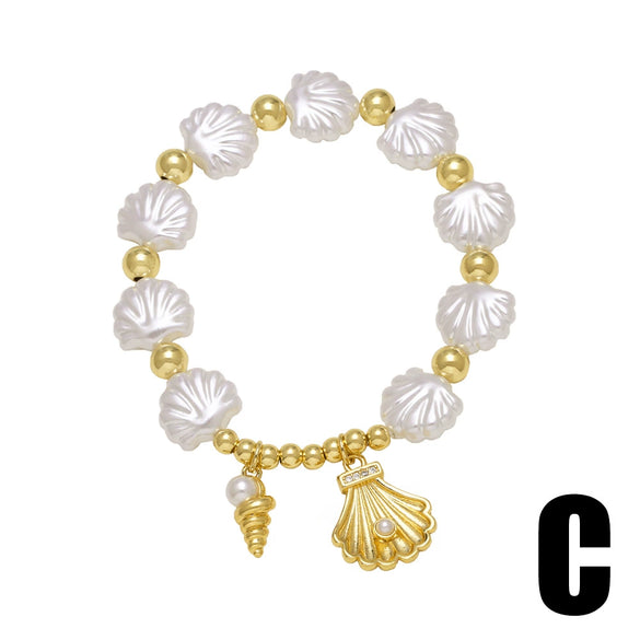 Wholesale Jewelry Beaded Shell Starfish Ocean Style Copper Goldplated Geometric Bracelet