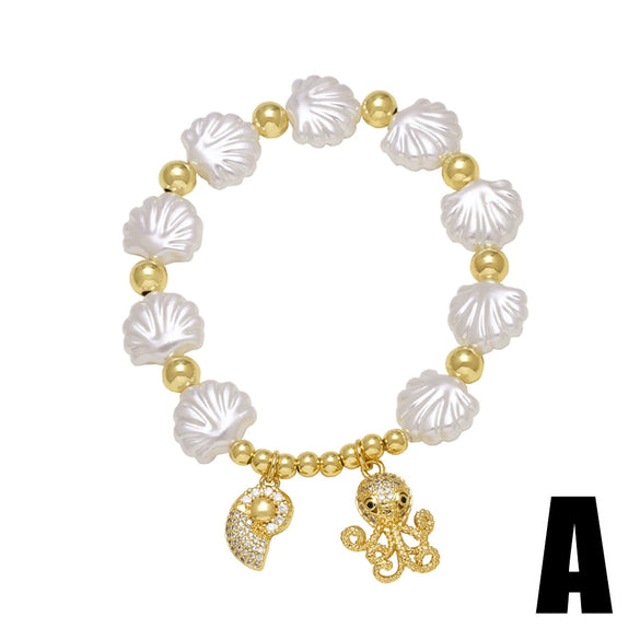 Wholesale Jewelry Beaded Shell Starfish Ocean Style Copper Goldplated Geometric Bracelet