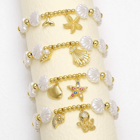 Wholesale Jewelry Beaded Shell Starfish Ocean Style Copper Goldplated Geometric Bracelet